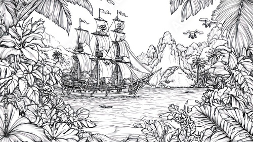 Wallpaper Mural Pirate ship sails tropical bay, island backdrop; coloring book page Torontodigital.ca