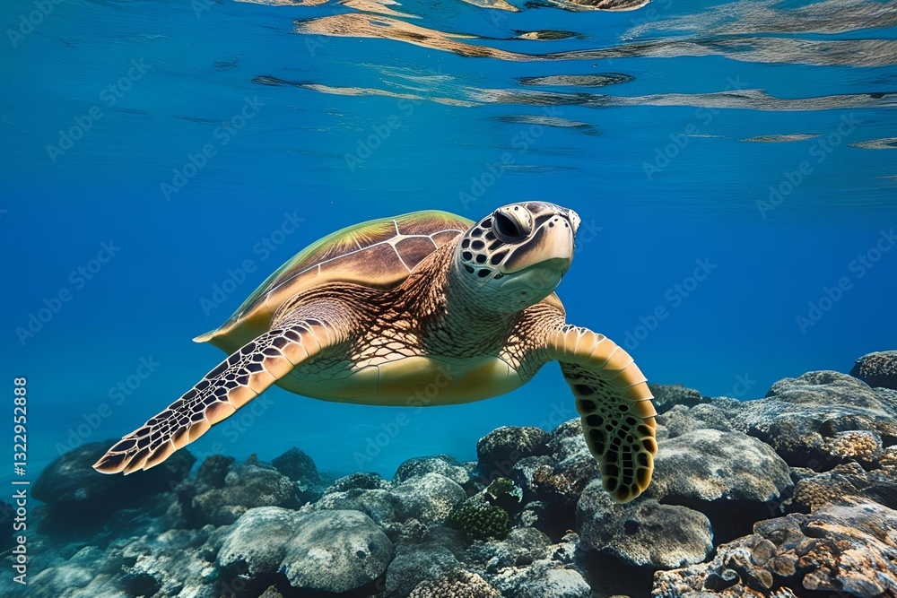 Obraz premium Green Sea Turtle swimming in clear blue water, underwater image taken