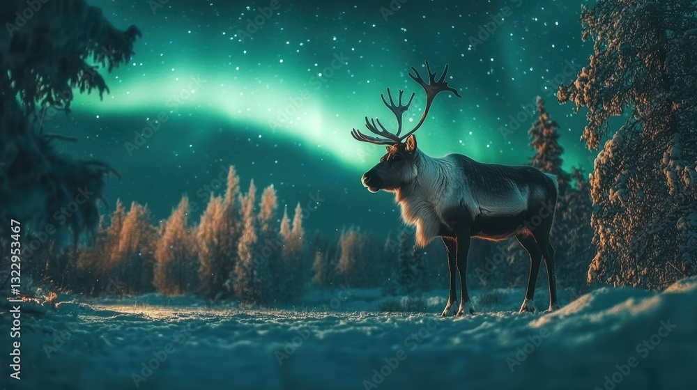 Naklejka premium Reindeer under the northern lights arctic landscape wildlife photography nighttime serene beauty