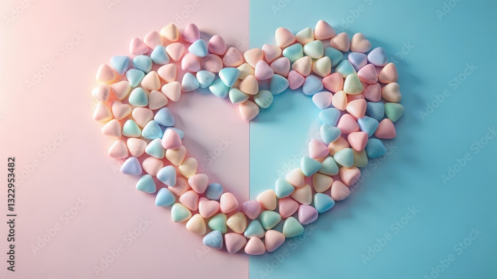 Pastel-colored heart-shaped arrangement of small sweets on a dual-toned background Pastel-colored heart-shaped arrangement of small sweets on a dual-toned background