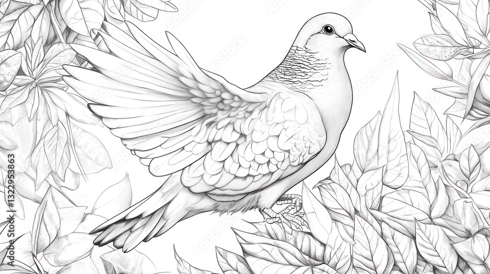 Fototapeta premium Dove in flight amidst blooming azaleas, garden scene, nature illustration
