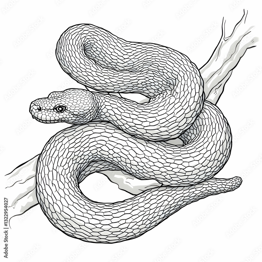 Obraz premium Python snake coiled around a branch, line art illustration