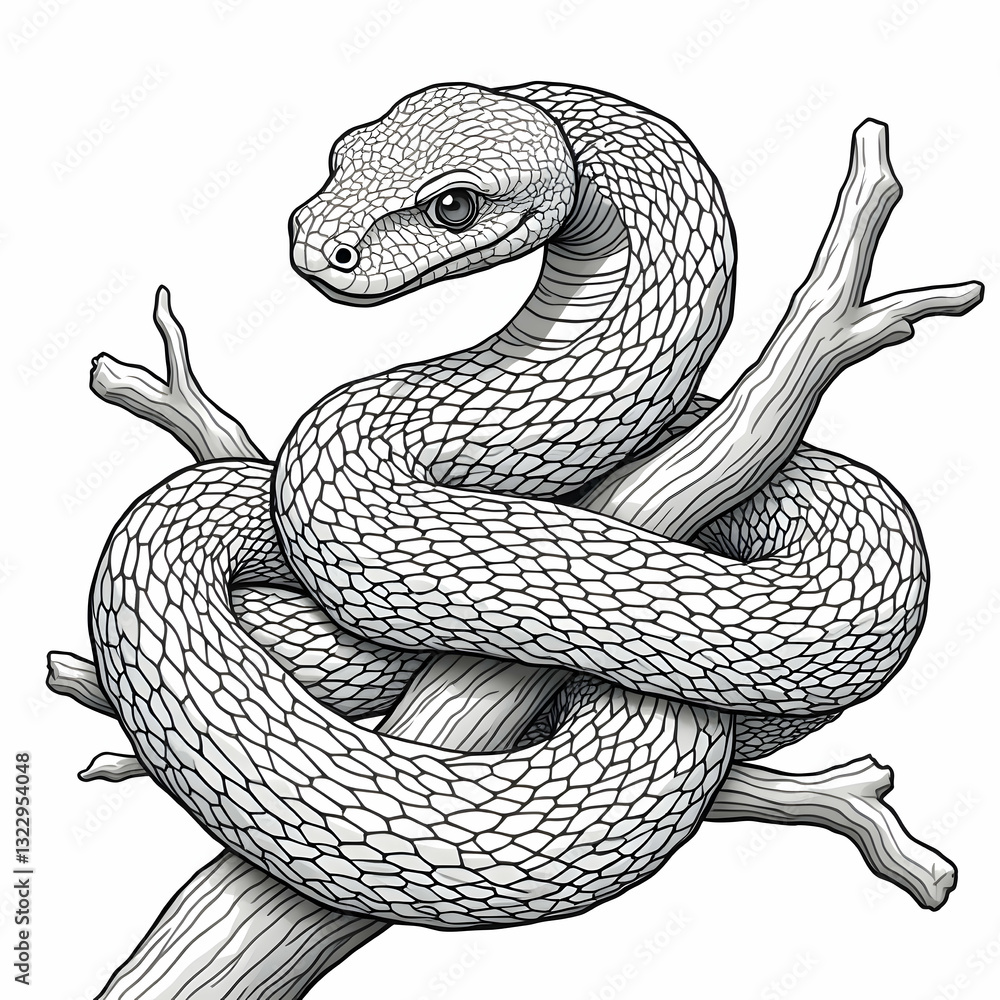 Obraz premium Python snake coiled around a branch, line art illustration