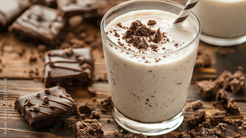 Chocolate milkshake on wooden table Chocolate milkshake on wooden table