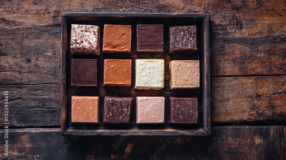 Fototapeta premium A tray of homemade fudge squares in different flavors, arranged on a rustic wooden surface.