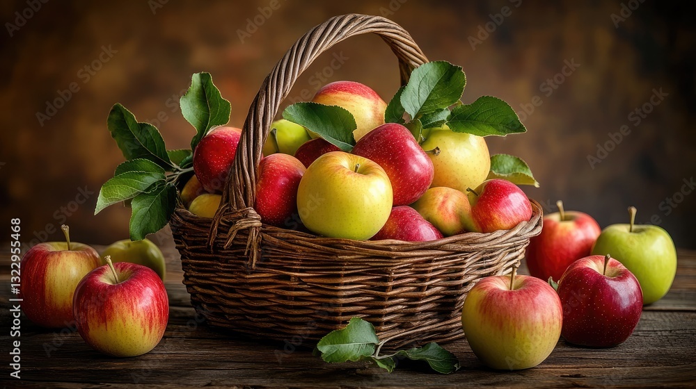 A basket filled with freshly picked apples in red, green, and yellow hues, placed on a rustic wooden table. A basket filled with freshly picked apples in red, green, and yellow hues, placed on a rustic wooden table.