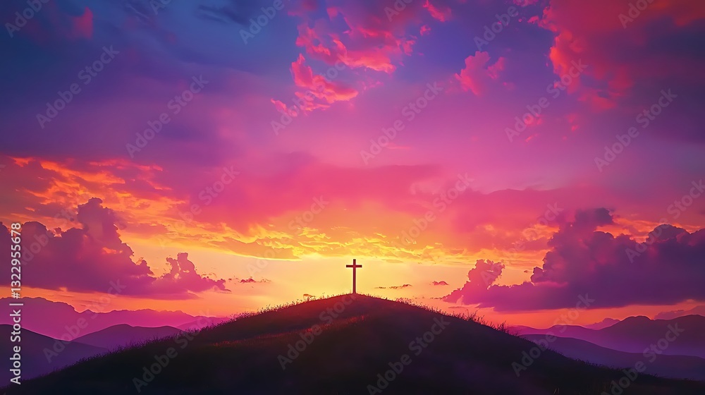 Silhouette cross on hill against colorful sunset sky Silhouette cross on hill against colorful sunset sky