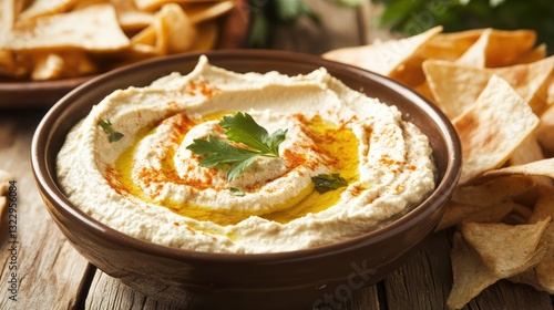 A bowl of creamy hummus with olive oil drizzle, served with pita chips on the side.