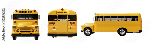 3D rendering of a classic yellow school bus showcasing front, rear, and side views. Perfect for educational transportation design