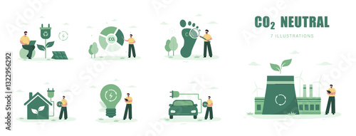 CO2 Neutral. Characters working in green recycling industry. ESG, green energy, sustainable industry. Net zero. Set of Vector illustration in flat cartoon style.