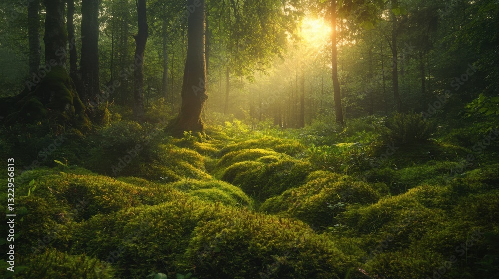 Obraz premium Sunlight Filtering Through Trees in a Serene Forest Landscape
