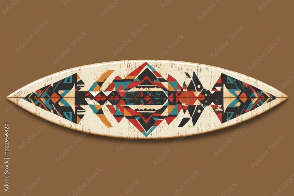 Obraz premium Decorative surfboard featuring geometric patterns on a brown background