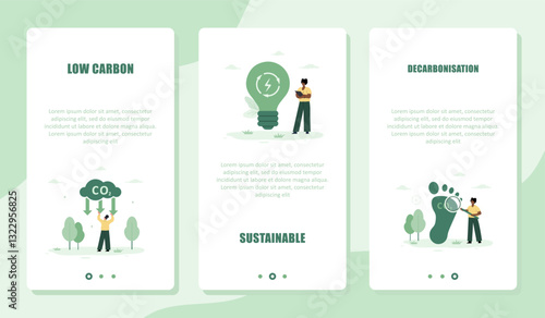 CO2 neutral. Set of Template for Online Services. Mobile screen. Green industrial factory with renewable energy. Low carbon and environmental responsibility. Vector illustration in flat cartoon style.