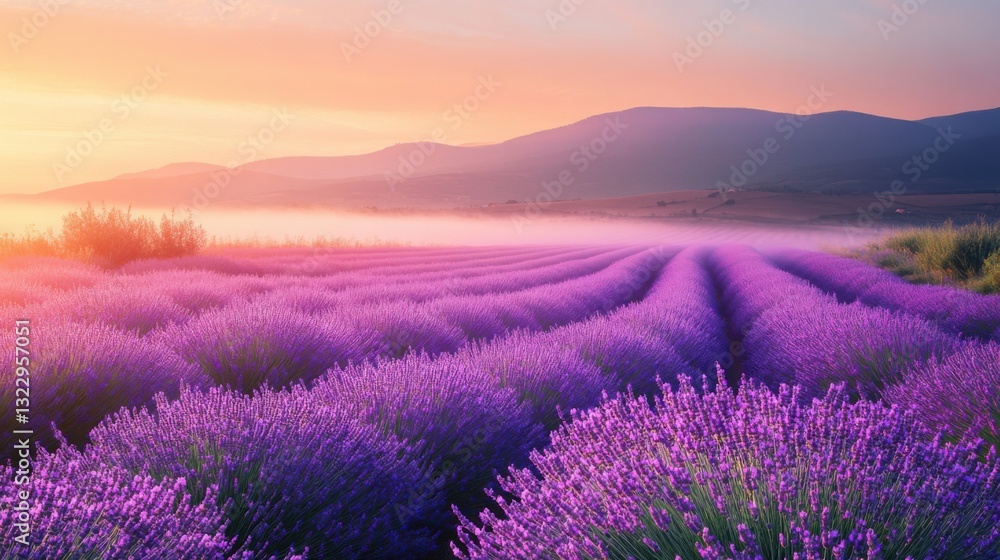 Serene Lavender Field at Sunrise with Purple Blooms and Mountains Serene Lavender Field at Sunrise with Purple Blooms and Mountains