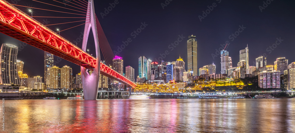 Chongqing city skyline and bridge building scenery at night