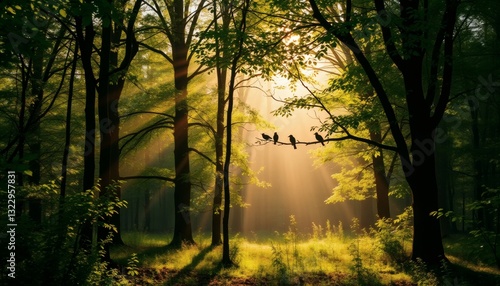 Sunlight Shines Through Forest Trees with Birds on a Branch Creating a Peaceful Scene