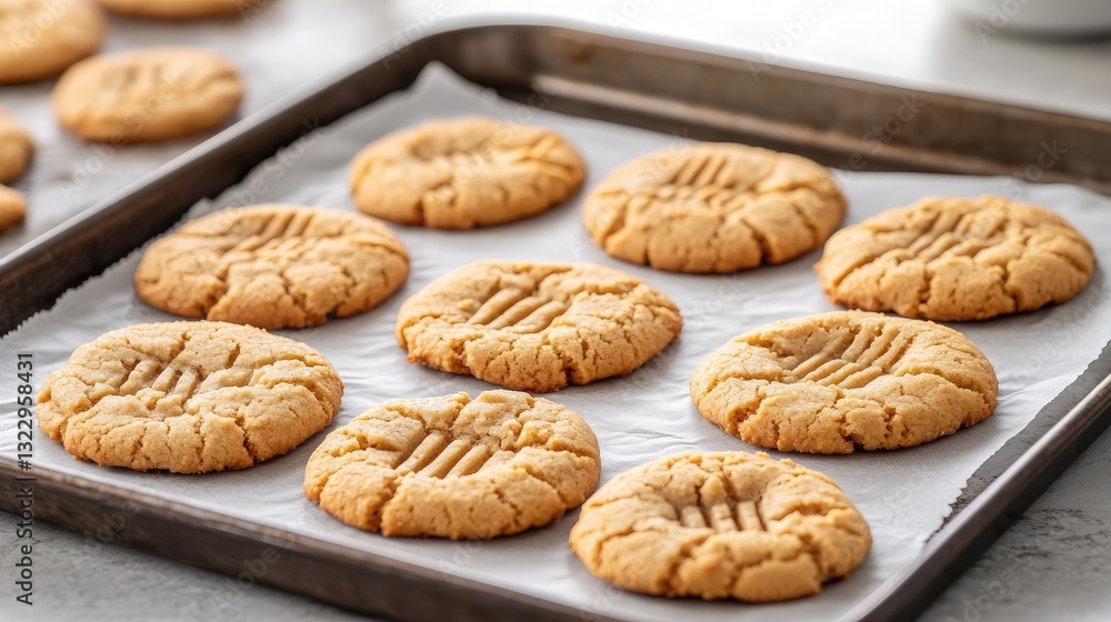 A collection of homemade peanut butter cookies with fork marks, placed on a parchment paper-lined tray. A collection of homemade peanut butter cookies with fork marks, placed on a parchment paper-lined tray.