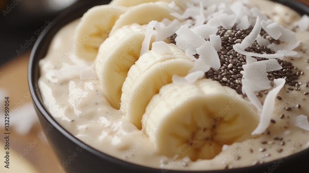 A delicious homemade smoothie bowl topped with shredded coconut, banana, and chia seeds. A delicious homemade smoothie bowl topped with shredded coconut, banana, and chia seeds.