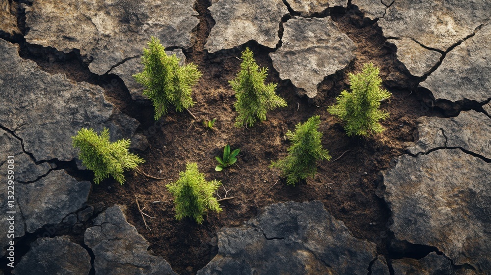 Green Plants Growing from Cracked Earth in Arid Environment Green Plants Growing from Cracked Earth in Arid Environment
