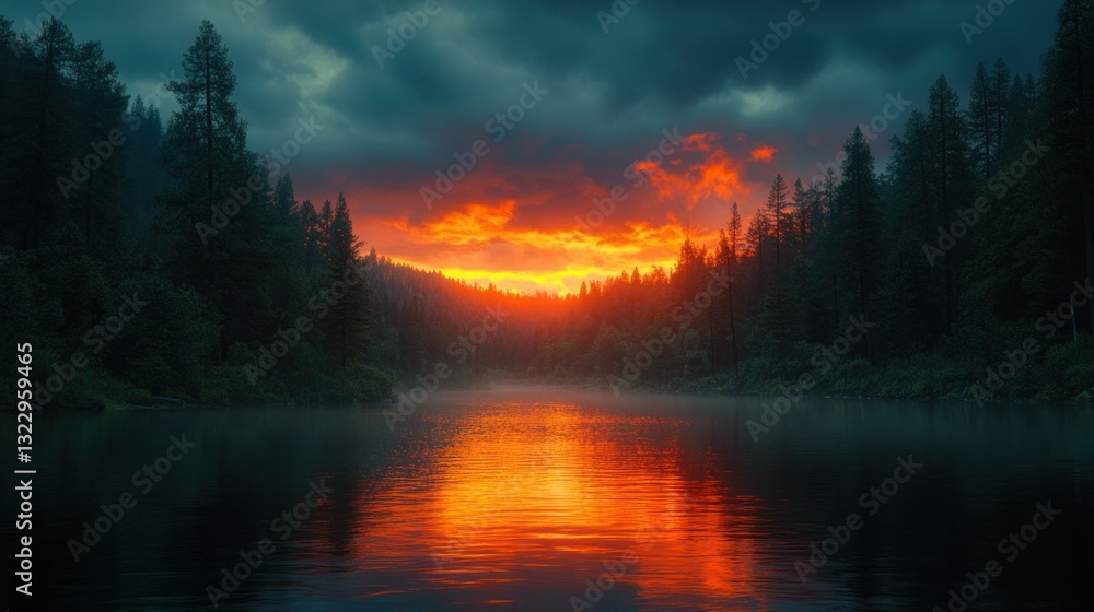 Fiery sunset over misty lake, forest backdrop, scenic postcard Fiery sunset over misty lake, forest backdrop, scenic postcard