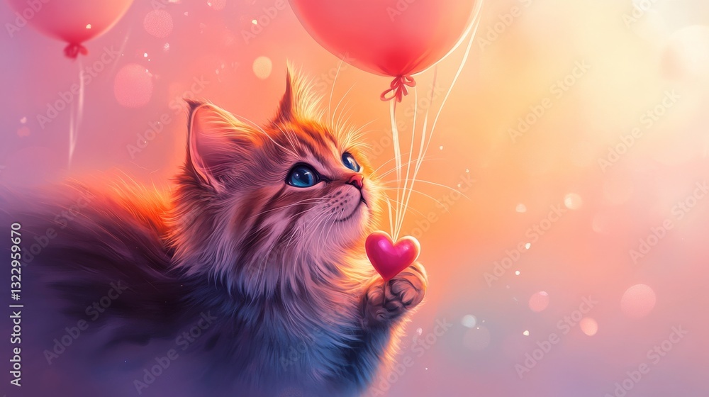 Fototapeta premium Charming cat illustrations with love theme, detailed whiskers and ear fluff, cats cuddling heart shapes, floating with balloons, gentle paw holding pose, swooning expressions, soft gradient