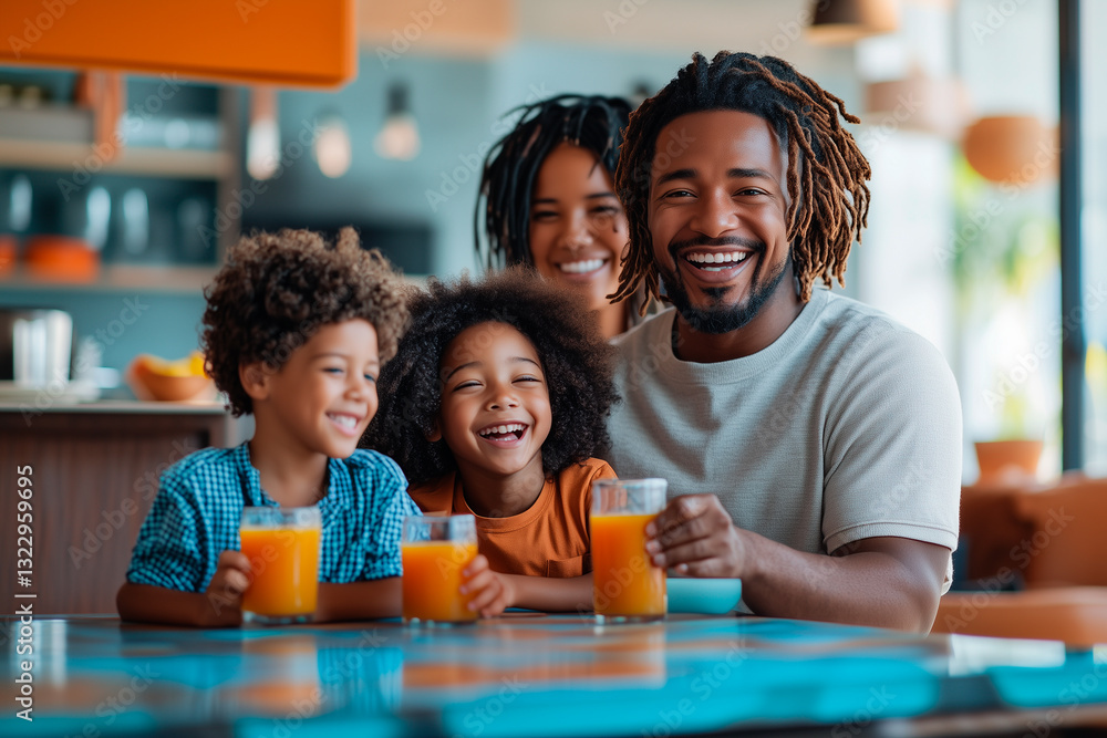 Happy family drinking orange juice at home Happy family drinking orange juice at home