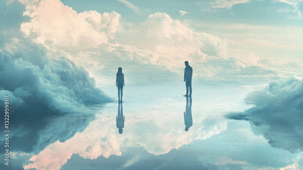 conceptual relationship artwork showing separated figures in vast cloudscape, mirror reflection perspective, surreal romantic scene, soft pastel color palette, ethereal lighting effects, minimalist conceptual relationship artwork showing separated figures in vast cloudscape, mirror reflection perspective, surreal romantic scene, soft pastel color palette, ethereal lighting effects, minimalist