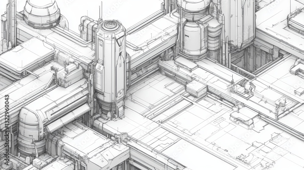 Obraz premium Isometric wireframe illustration of a Harkonnen brutalist urban military complex, futuristic and detailed. 