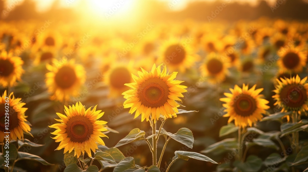 Fototapeta premium Vibrant Sunflower Field at Sunset with Golden Light and Bokeh Effect