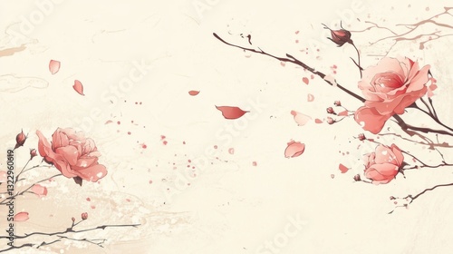 Fototapeta Naklejka Na Ścianę i Meble -  Elegant botanical illustration style, vintage rose garden with a modern minimalist twist, dusty pink and champagne color palette, gentle swirling lines suggesting movement, scattered rose petals and