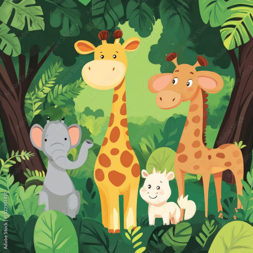 Fototapeta premium Cartoon Jungle Friends: Giraffes, Elephant, and Goat among Lush Greenery in a Vibrant, Whimsical Forest Scene