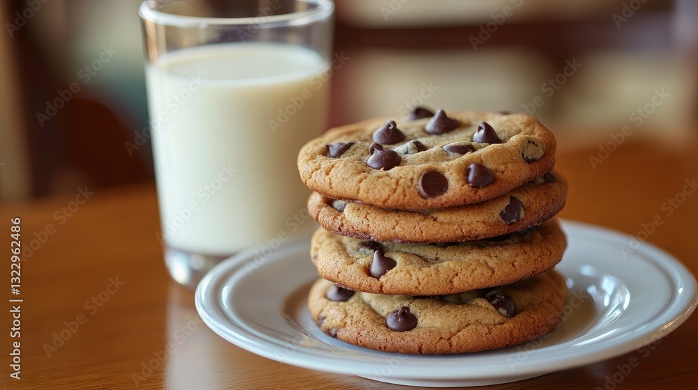 A plate of warm, gooey chocolate chip cookies stacked high, next to a glass of milk. A plate of warm, gooey chocolate chip cookies stacked high, next to a glass of milk.