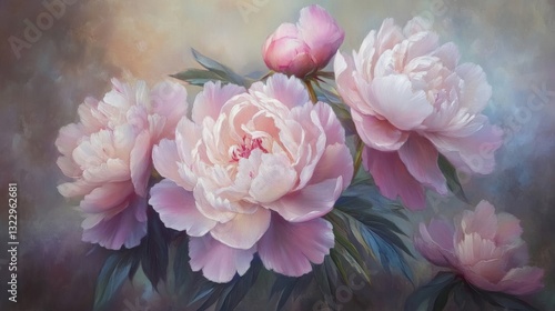 Wallpaper Mural Fresh peony flowers in full bloom against blurred natural background, petals displaying intricate overlapping layers, soft ambient lighting enhancing dimensional depth, delicate color palette ranging Torontodigital.ca