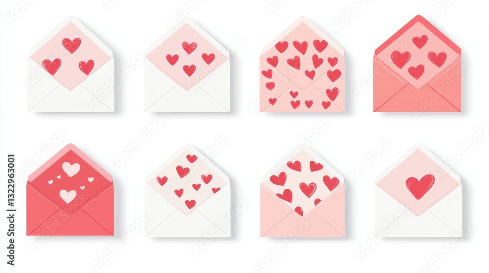 geometric valentine envelope set, red and pink heart motifs, love letter patterns, modern flat design, crisp white envelopes, playful romantic layout, sweet message collection geometric valentine envelope set, red and pink heart motifs, love letter patterns, modern flat design, crisp white envelopes, playful romantic layout, sweet message collection