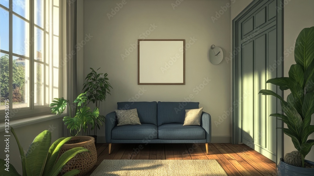 Fototapeta premium A 3D picture shows a simple, Scandinavian-style room with a mock-up poster frame. 