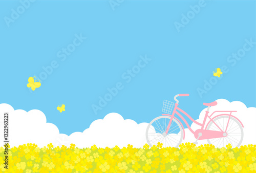 spring vector background with a bicycle and canola flower field on the sky