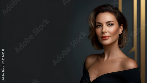 Charm of Youth: Woman in Her Late Thirties in f/2.5 Focus, Smooth Lifted Skin Stands Out on Deep Charcoal with Quiet Gold Accents