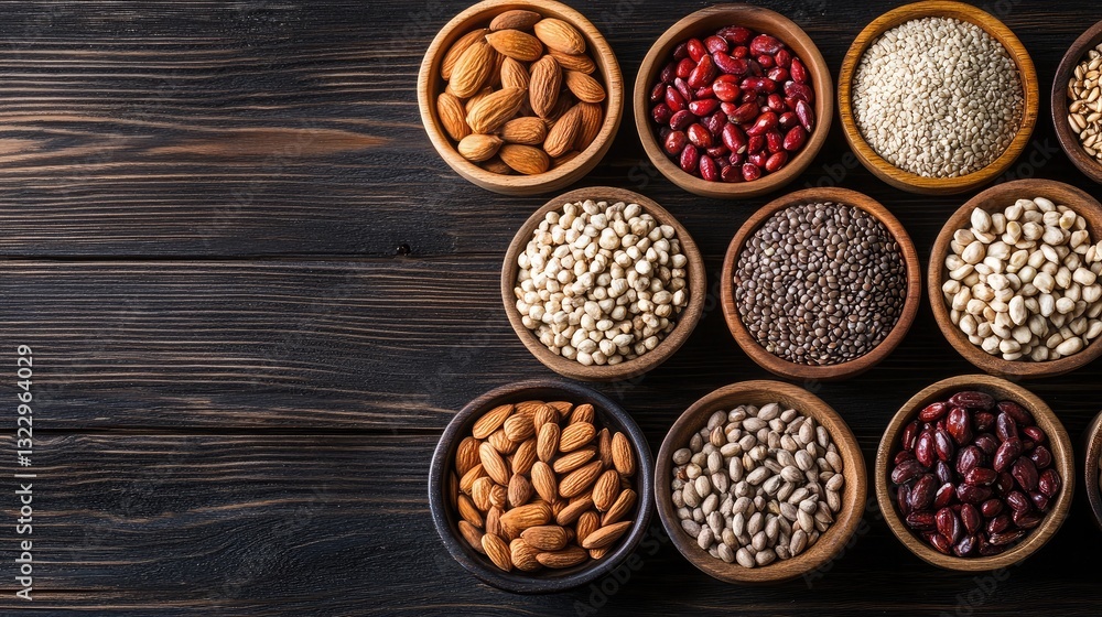 A selection of nutrient-rich nuts and seeds displayed in small wooden bowls. A selection of nutrient-rich nuts and seeds displayed in small wooden bowls.