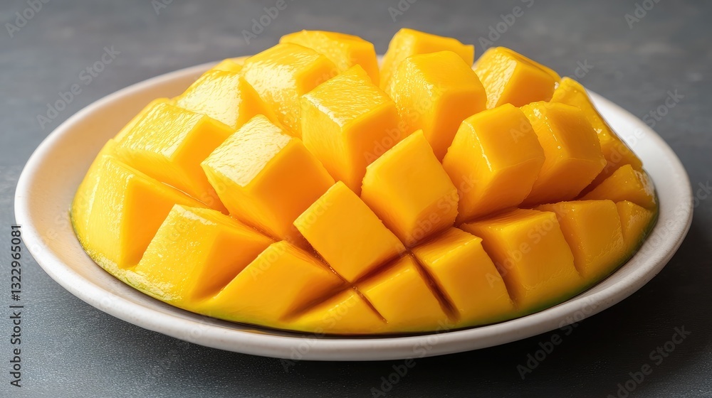 A sliced mango with golden flesh arranged in a fan-like pattern, placed on a white ceramic plate. A sliced mango with golden flesh arranged in a fan-like pattern, placed on a white ceramic plate.