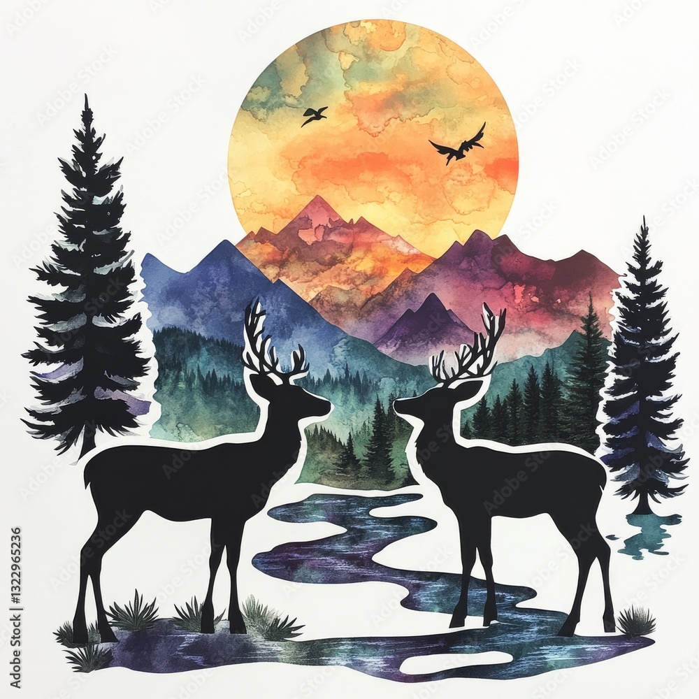 Fototapeta premium Watercolor Deer Silhouette Landscape with Mountain Sunset: A Serene Wildlife Scene