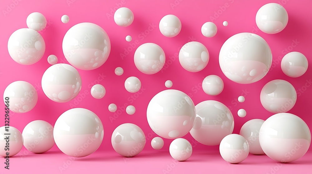 3D Rendering of White Spheres Floating on Pink Background 3D Rendering of White Spheres Floating on Pink Background