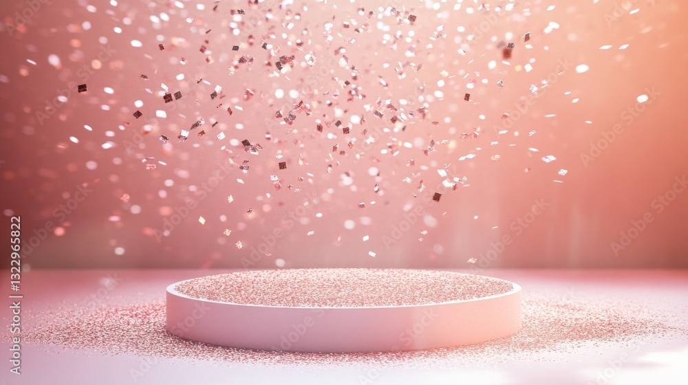 premium round display platform, delicate pink hues, falling metallic particles, dimensional product podium, soft volumetric lighting, festive celebration stage, luxury presentation stand, smooth premium round display platform, delicate pink hues, falling metallic particles, dimensional product podium, soft volumetric lighting, festive celebration stage, luxury presentation stand, smooth