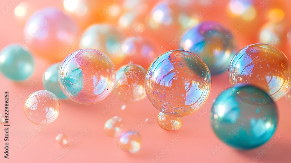 Colorful Bubbles Floating on a Soft Pink Background