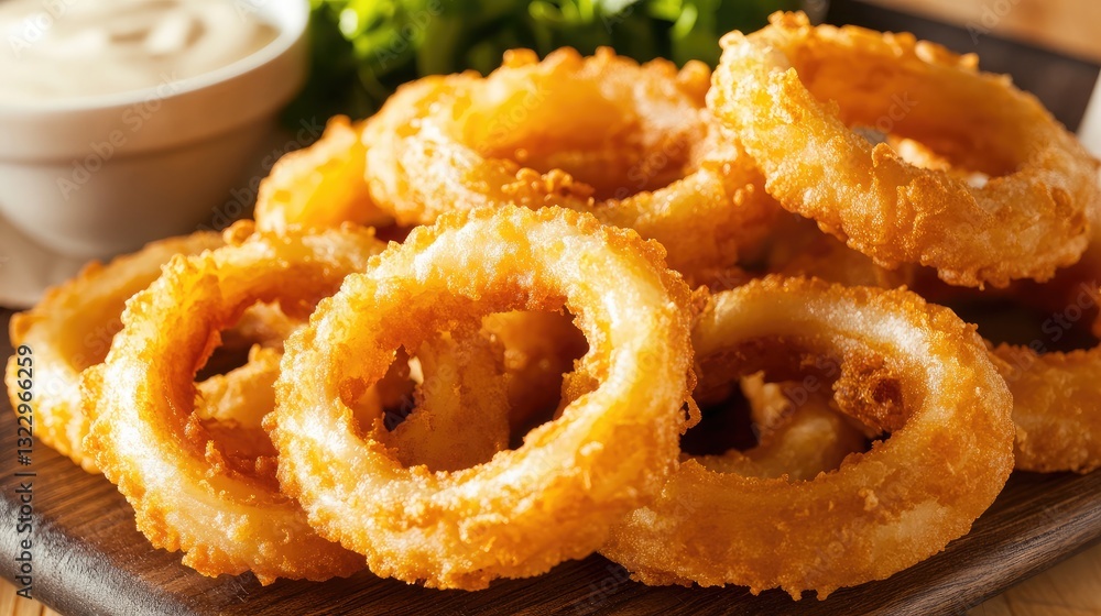 A tray of golden onion rings stacked high, served with a creamy dipping sauce. A tray of golden onion rings stacked high, served with a creamy dipping sauce.