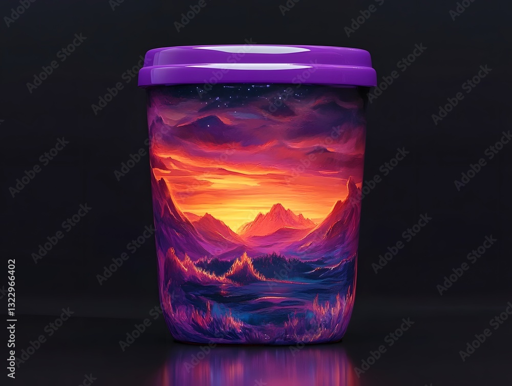 Surreal Landscape with Levitating Travel Mug Highlighting Temperature Change Surreal Landscape with Levitating Travel Mug Highlighting Temperature Change