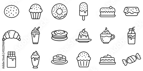 "Chocolate Desserts & Snacks Icon Set: A Decadent Collection of Symbols Representing Chocolaty Treats and Indulgent Snacks"