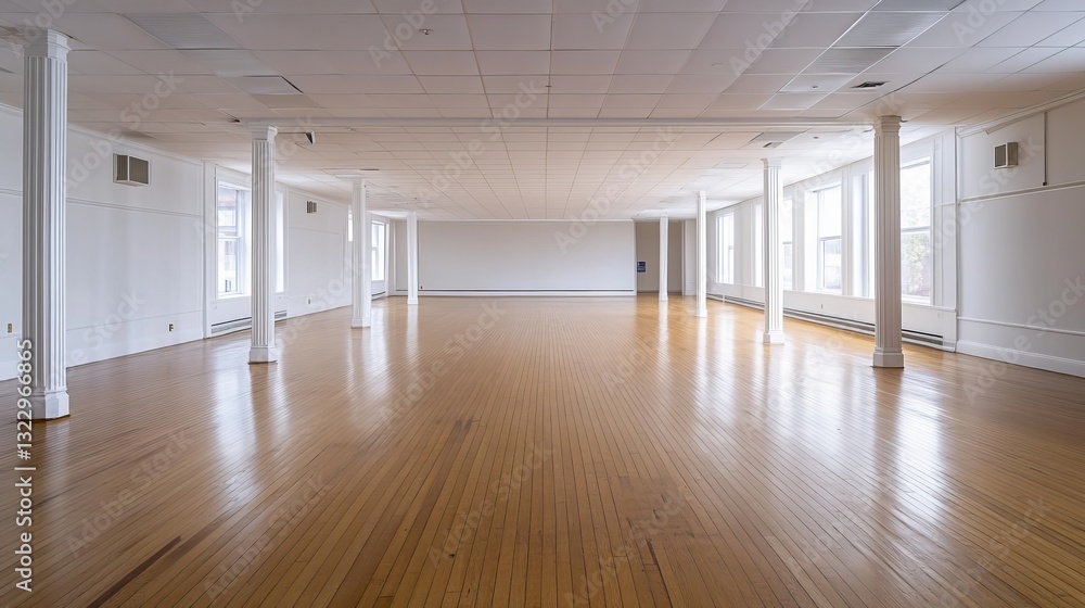 Fototapeta premium An empty room with white walls, a white ceiling, and wooden floors. 