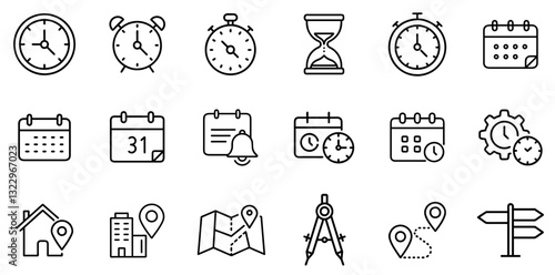 "Time, Date, and Address Icons Set: A Comprehensive Collection of Symbols for Scheduling, Locations, and Appointments"