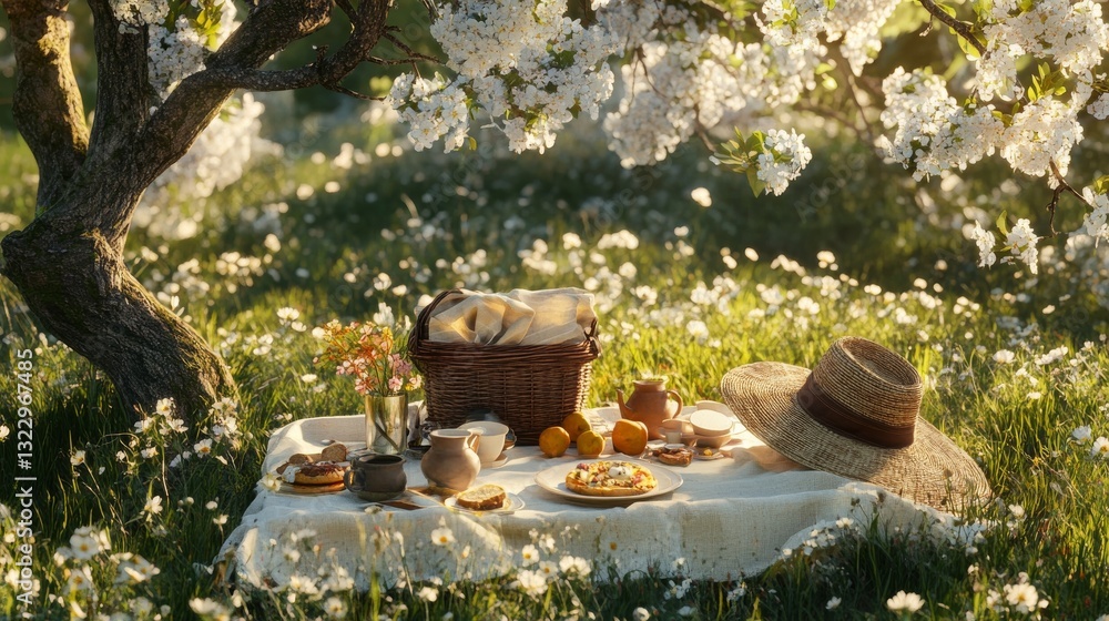 Fototapeta premium Springtime garden breakfast, white flowering fruit trees, natural linen tablecloth on meadow, golden morning sunlight, scattered wildflowers, classic picnic basket, earthenware pottery, fresh baked