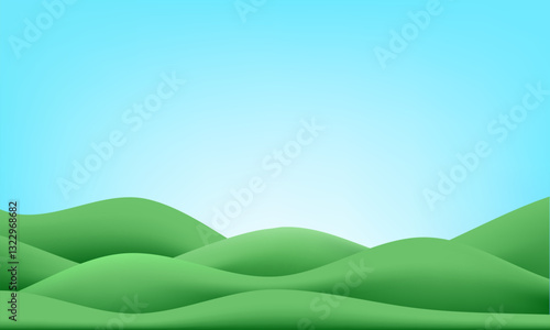 Green grass wave gradient 3d background. Vector hills and sky spring mountain. Grassy garden nature pattern cartoon. Summer field poster, paper podium blurred scene. Plasticine game land, park floor